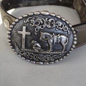 Nocona Silver Buckle Brown Western Cowboy Belt SZ 32